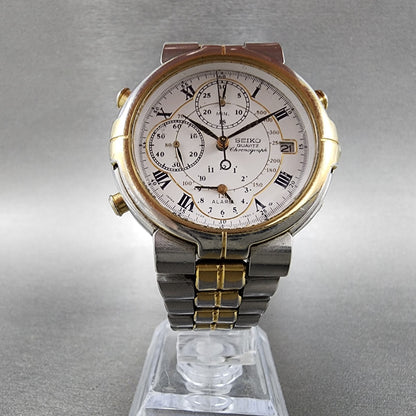 Seiko Chronograph Watch Men 36mm White Dial Two Tone Date Alarm 7T327A09 PARTS6
