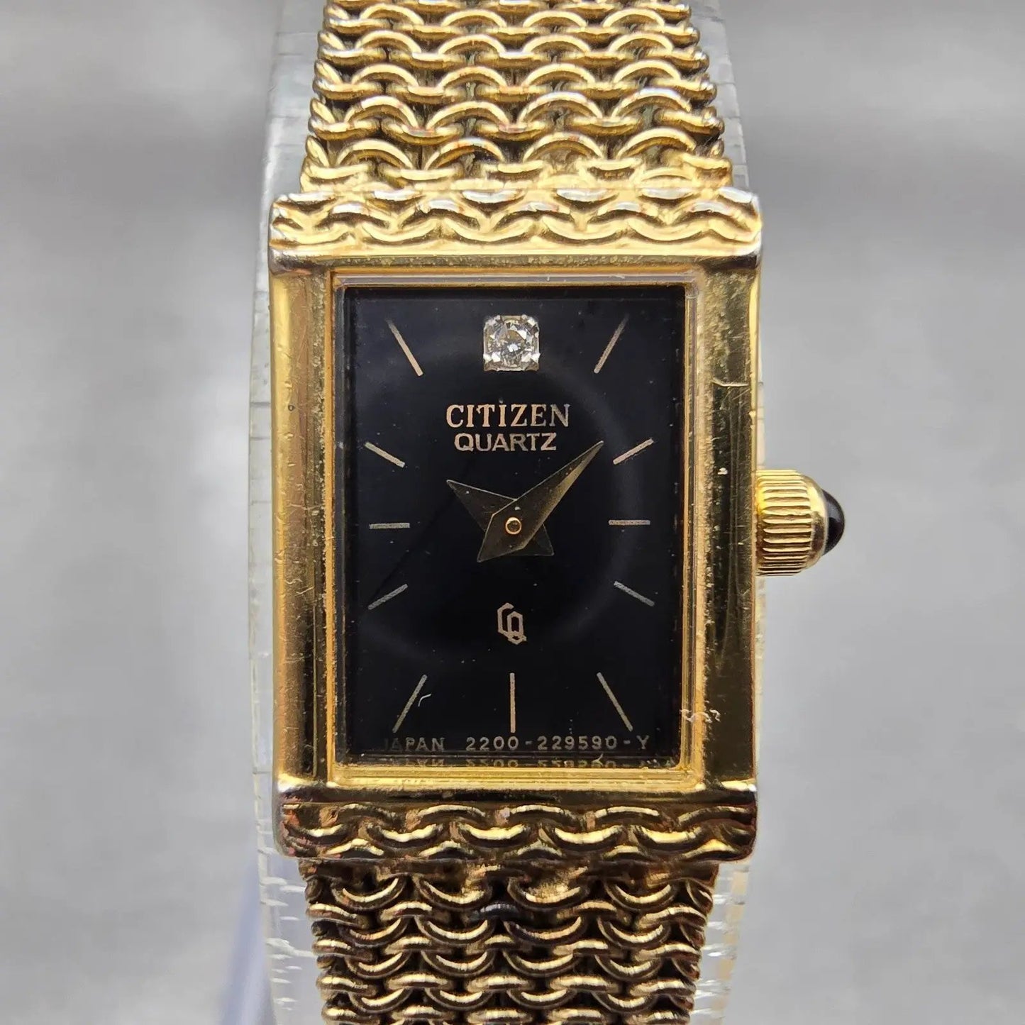 Citizen CQ Tank Watch Women 12mm Black Dial Gold Tone Rectangle Mesh band NewBat1