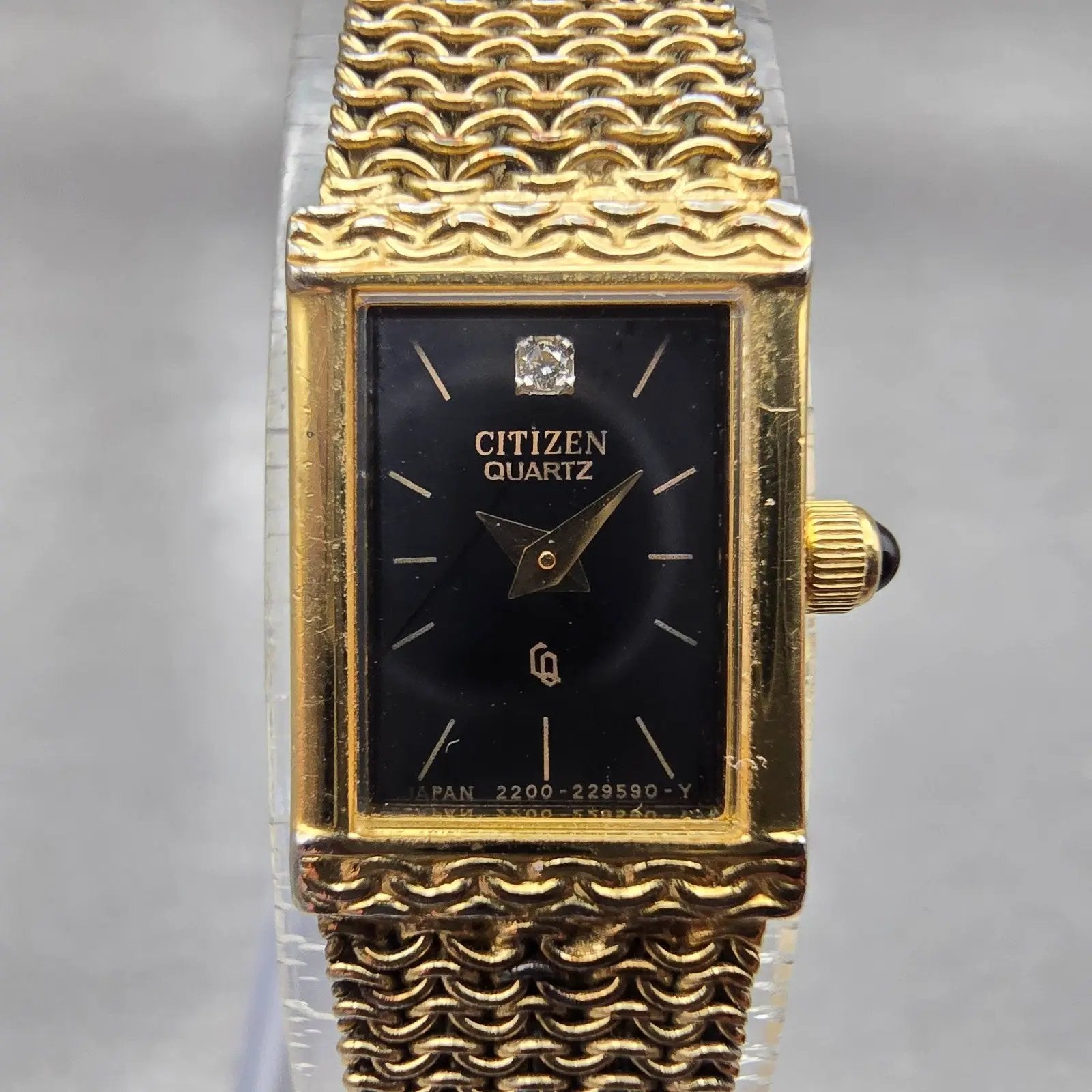 Citizen CQ Tank Watch Women 12mm Black Dial Gold Tone Rectangle Mesh band NewBat1