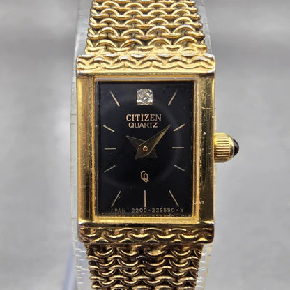 Citizen CQ Tank Watch Women 12mm Black Dial Gold Tone Rectangle Mesh band NewBat1
