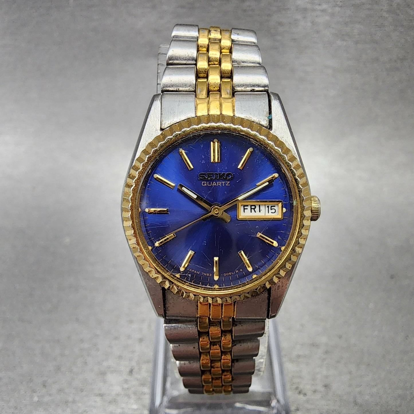 Seiko Watch Women 24mm Blue Dial Two Tone Daydate Round 7N830049 New Batt AB120