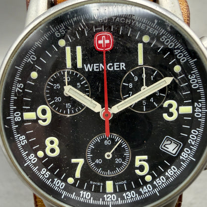 Wenger Chronograph Watch Men 38mm Black Dial Steel Date Round 7072X New Battery1