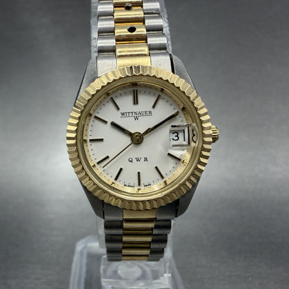 Wittnauer QWR Watch Women 22mm White Dial Two Tone Date Round 95651 New BatteryA0