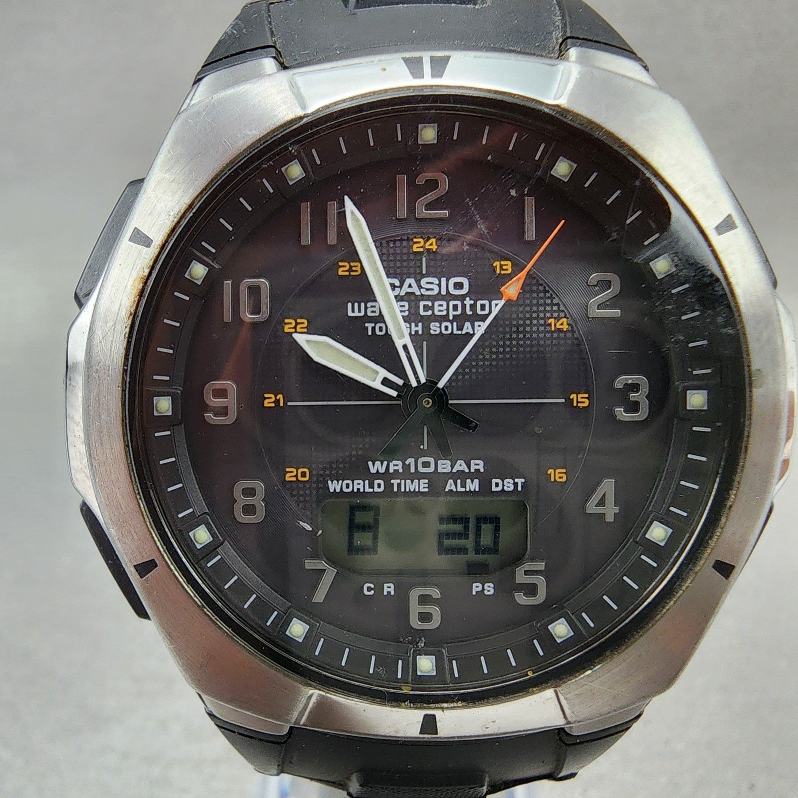 Casio Wave Ceptor Watch Men 42mm Black Dial Silver Tone Analog Digital Solar AB11