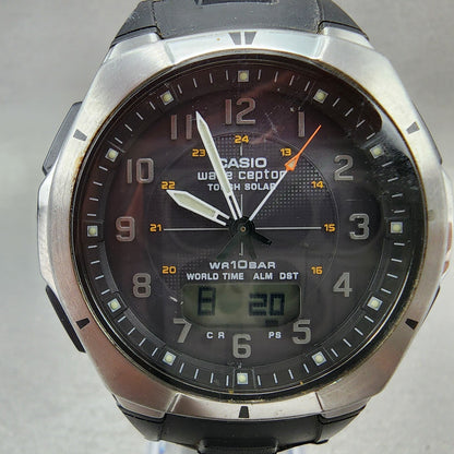 Casio Wave Ceptor Watch Men 42mm Black Dial Silver Tone Analog Digital Solar AB11