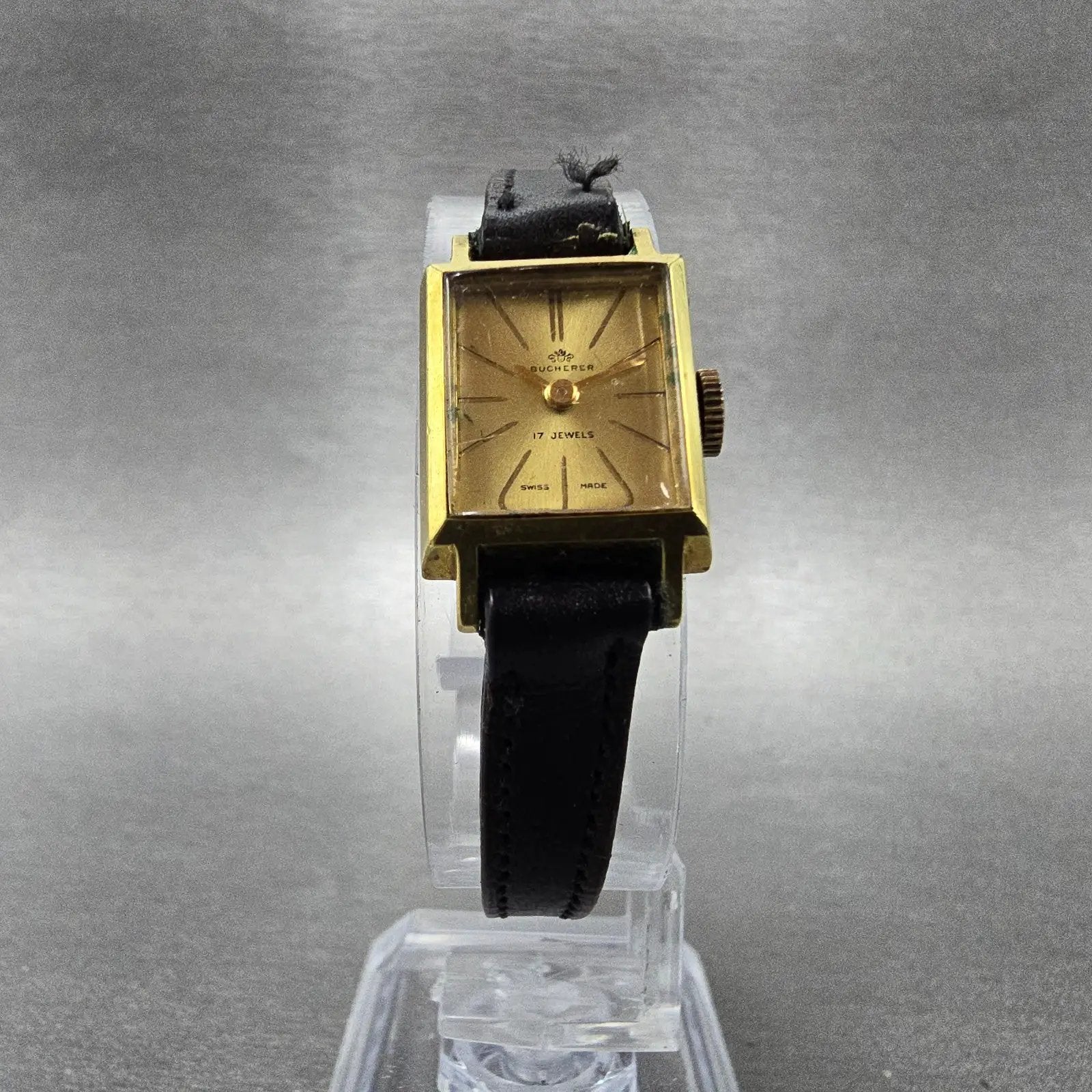 Bucherer Tank Watch Women 15mm Gold Dial Gold Plated Manual Wind PARTS6