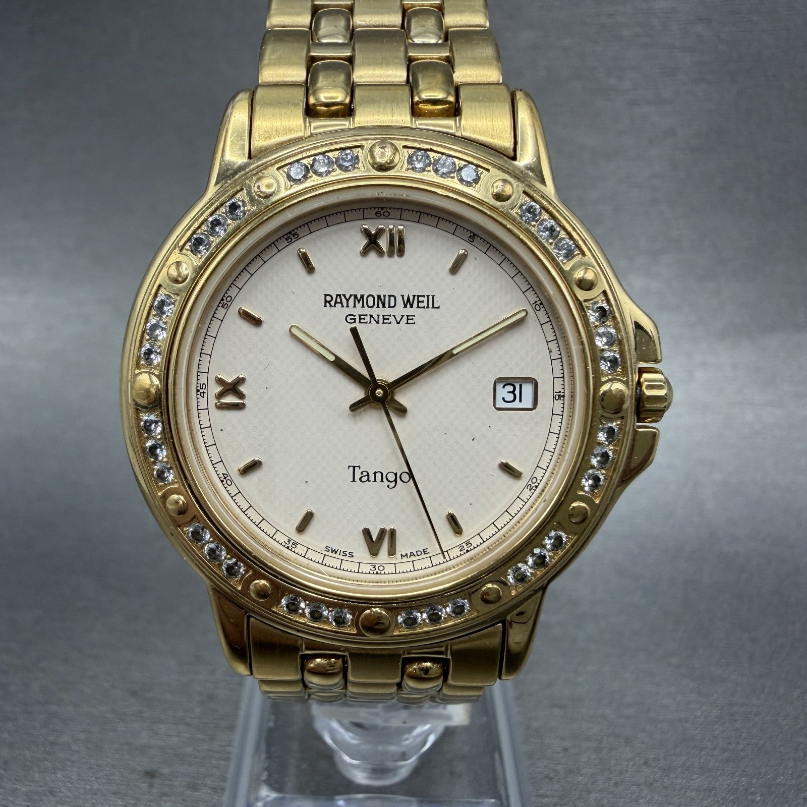Raymond Weil Tango Watch Men 36mm Cream Dial Gold Plated Date New Battery 55600