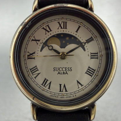 Seiko Alba Success Moon Phase Watch Women 25mm White Dial Brass Tone New Battery1