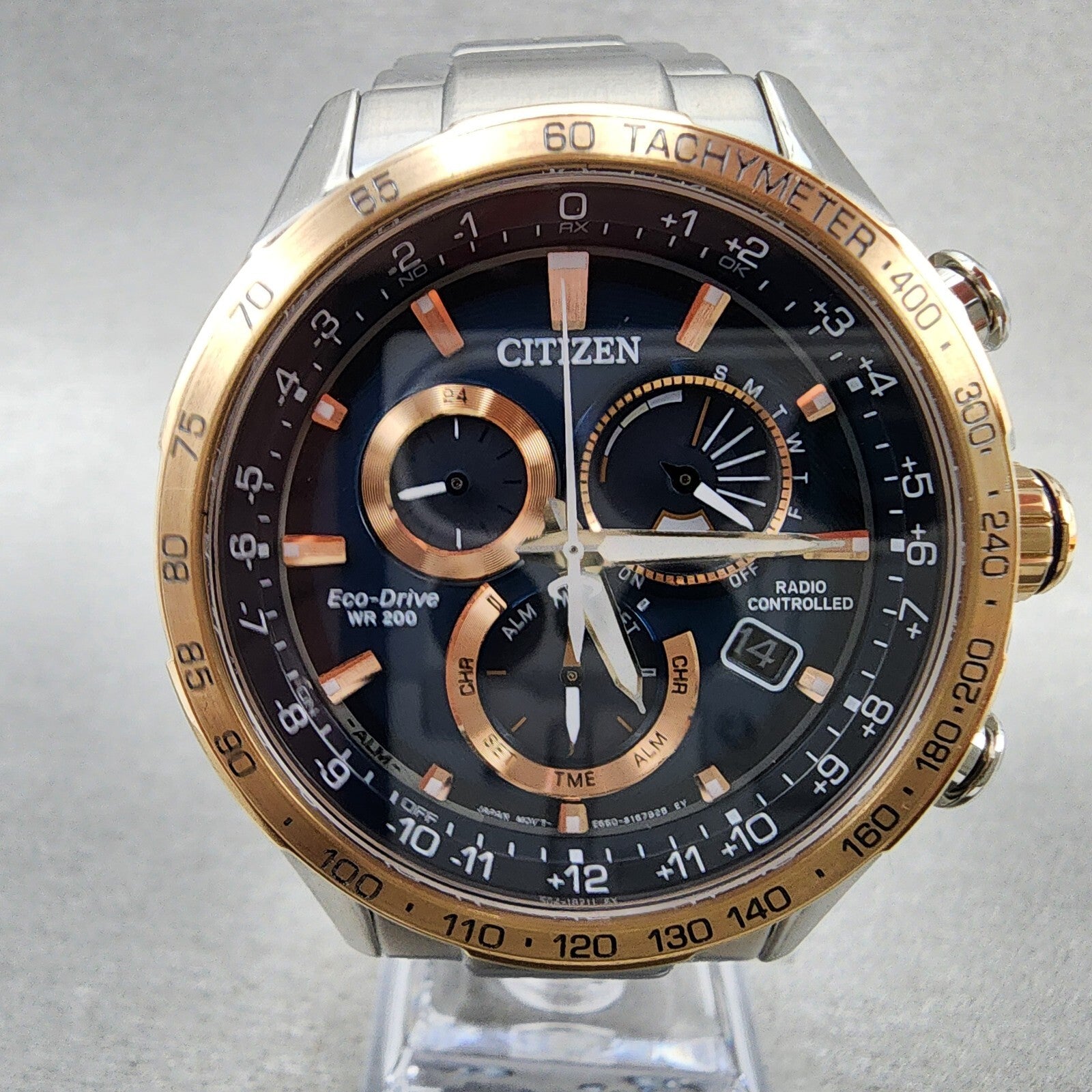 Citizen EcoDrive PCAT Watch Men 43mm Blue Dial Two Tone Alarm Chrono CB591659L1
