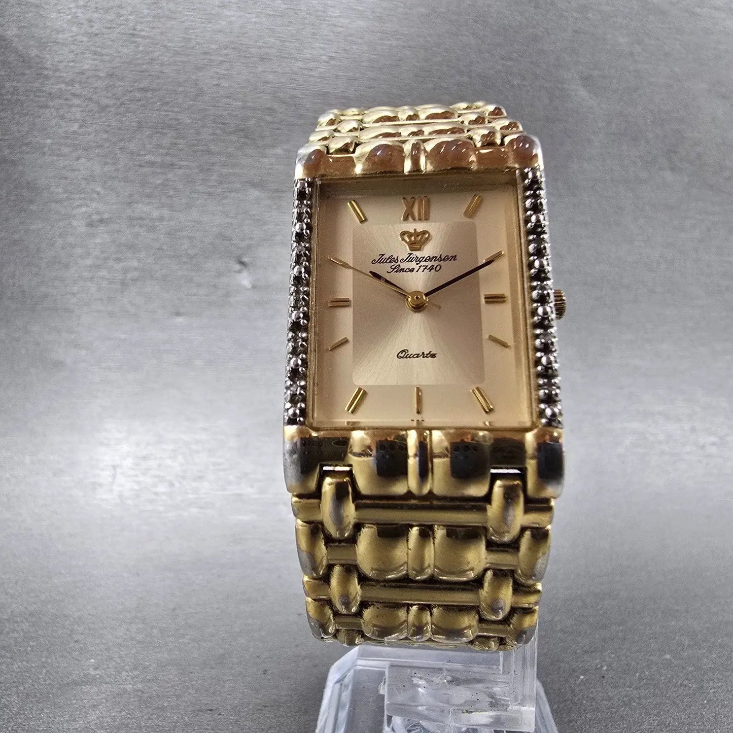 Jules Jurgenson Tank Watch Men 24mm Champagne Dial Gold Tone Rectangle New Batt5