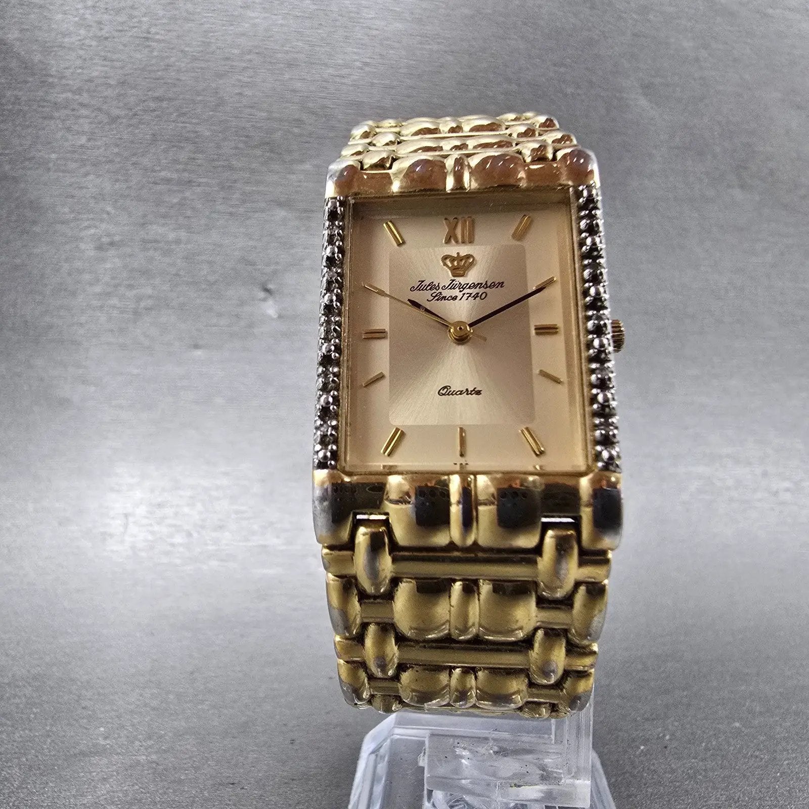 Jules Jurgenson Tank Watch Men 24mm Champagne Dial Gold Tone Rectangle New Batt5