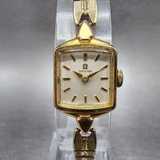 Omega Watch Women 15mm White Dial Gold Plated Rectangle Manual Wind Runs
