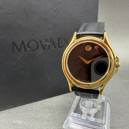 Movado Museum Watch Men 35mm Black Dial Gold Tone Round 87 E4 0863 W/Box New Bat0