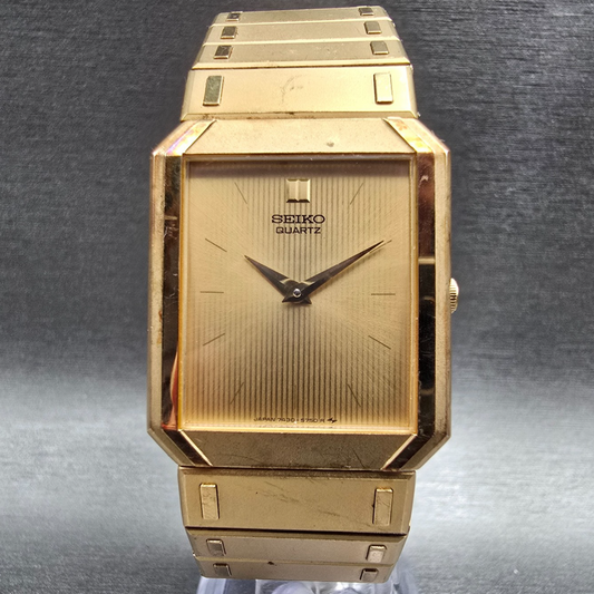 Seiko Watch Men 26mm Gold Dial Gold Rectangle 7430-5479 New Battery Tank Neo VTG0