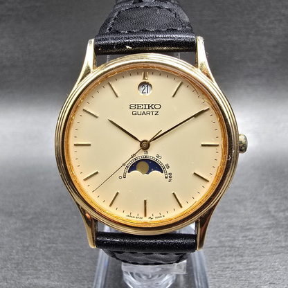 Seiko Moon Phase Watch Men 33mm Cream Dial Gold Tone Date 6F22-7000 New Battery0
