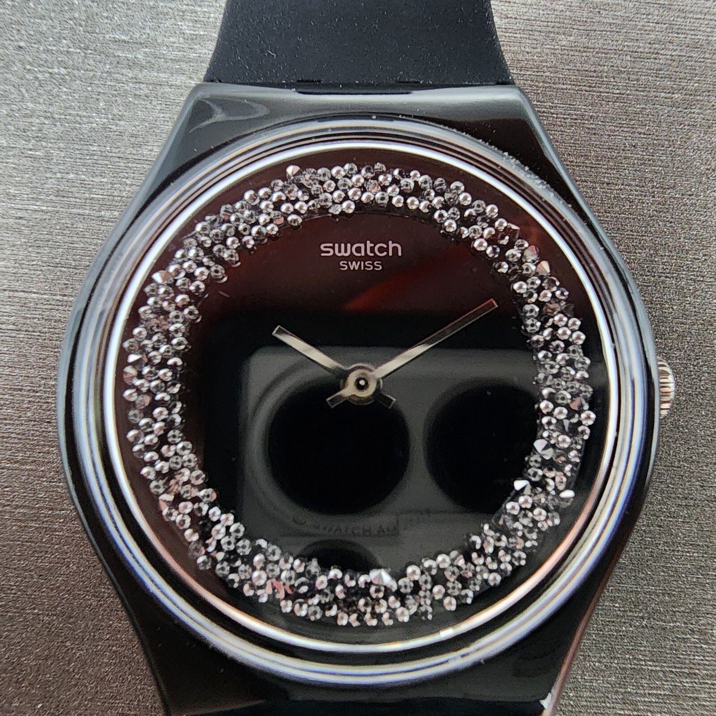 Swatch Sparkle Night Watch Women 34mm Black Dial Black Tone Round READ! New Batt1
