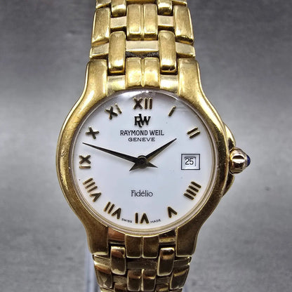 Raymond Weil Fidelio Watch Women 25mm White Dial Gold Plated Date 9962 New Batt0