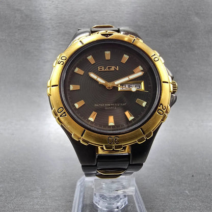 Elgin Dive Watch Men 40mm White Dial Black & Gold Tone Daydate Round New Battery5