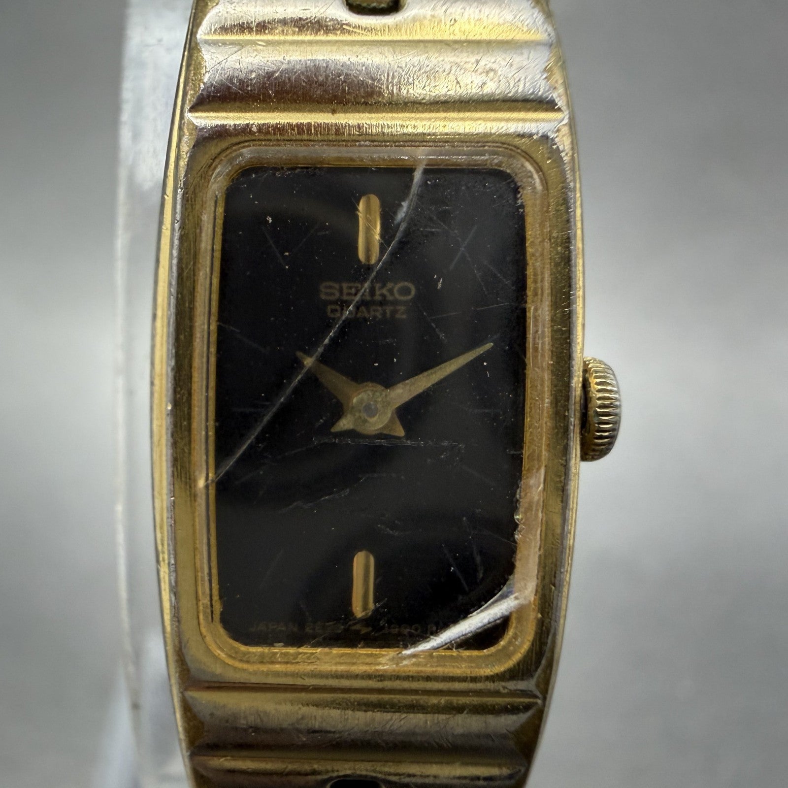 Seiko Tank Watch Women 13mm Black Dial Gold Tone Rectangle 2E206579 New Battery1