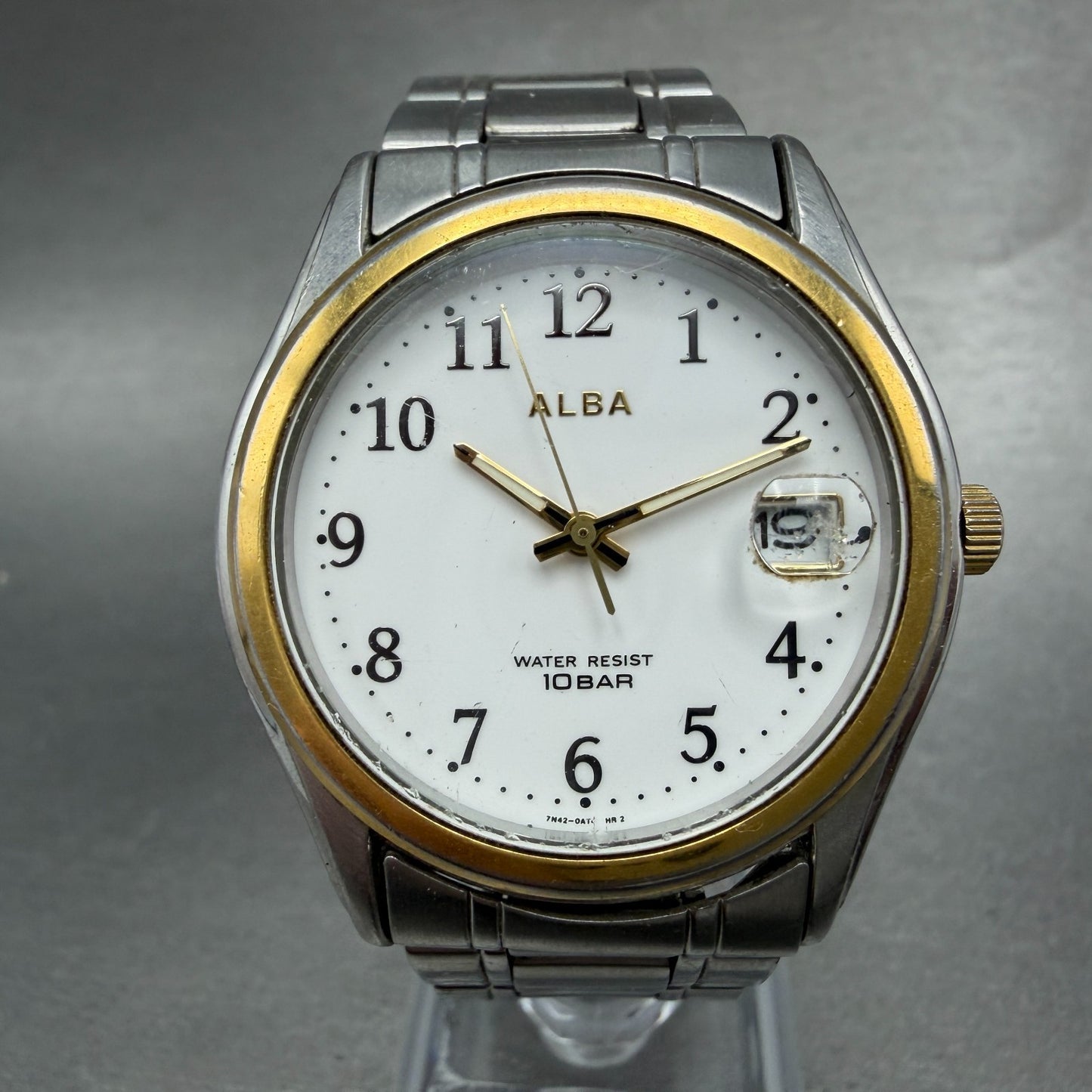 Seiko ALBA Watch Men 36mm White Dial Two Tone Date Round 7N42-0AD0 PARTS0