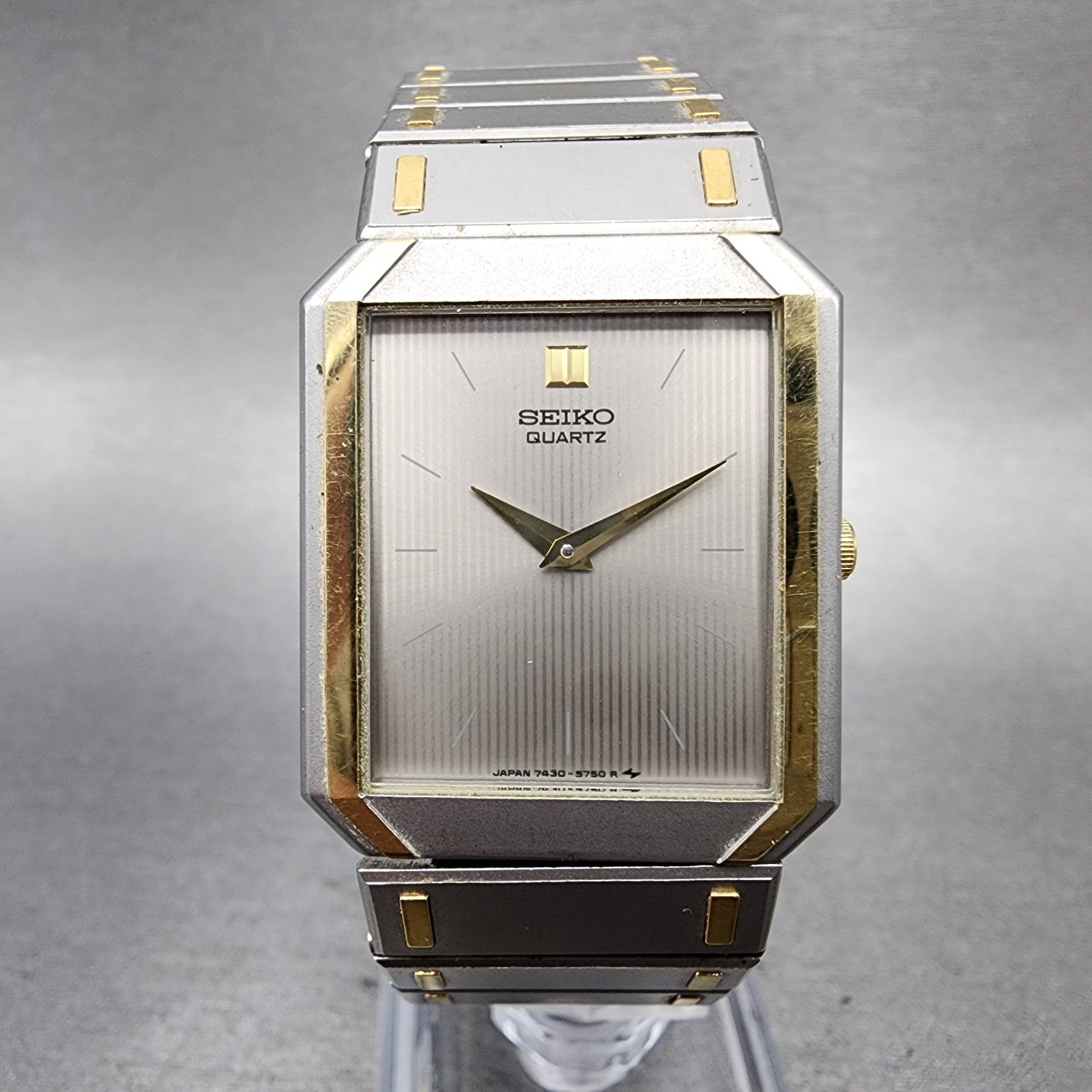 Seiko Tank Watch Men 26mm Silver Dial Two Tone Rectangle 74305479 PARTS0