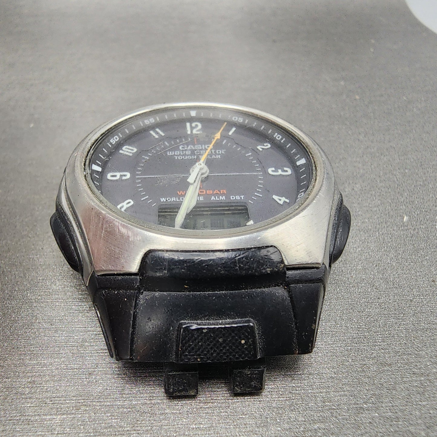Casio Wave Ceptor Watch Men 42mm Black Dial Silver Tone Analog Digital Solar B122