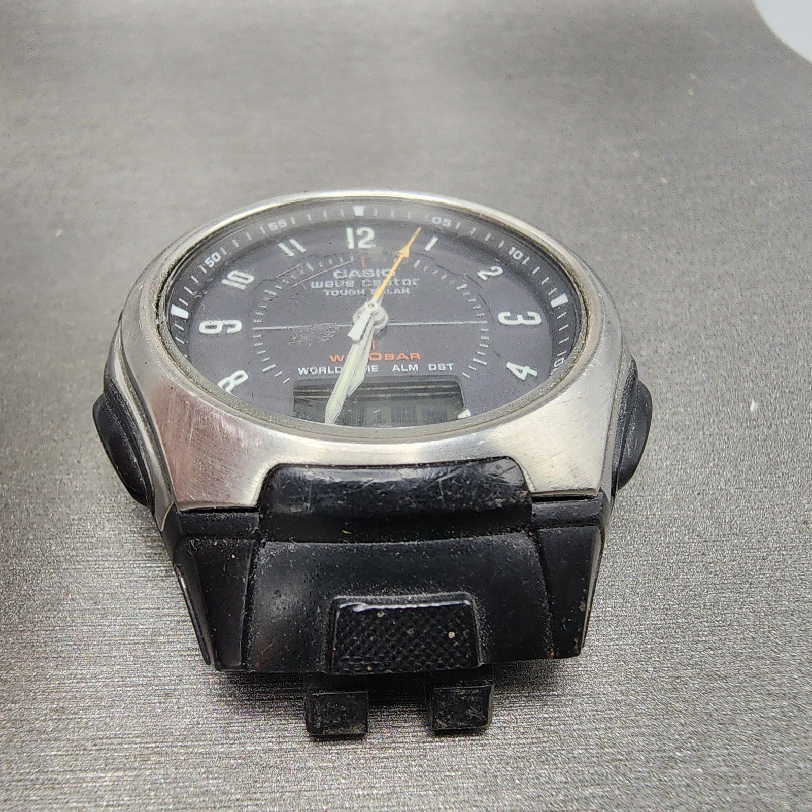 Casio Wave Ceptor Watch Men 42mm Black Dial Silver Tone Analog Digital Solar B122