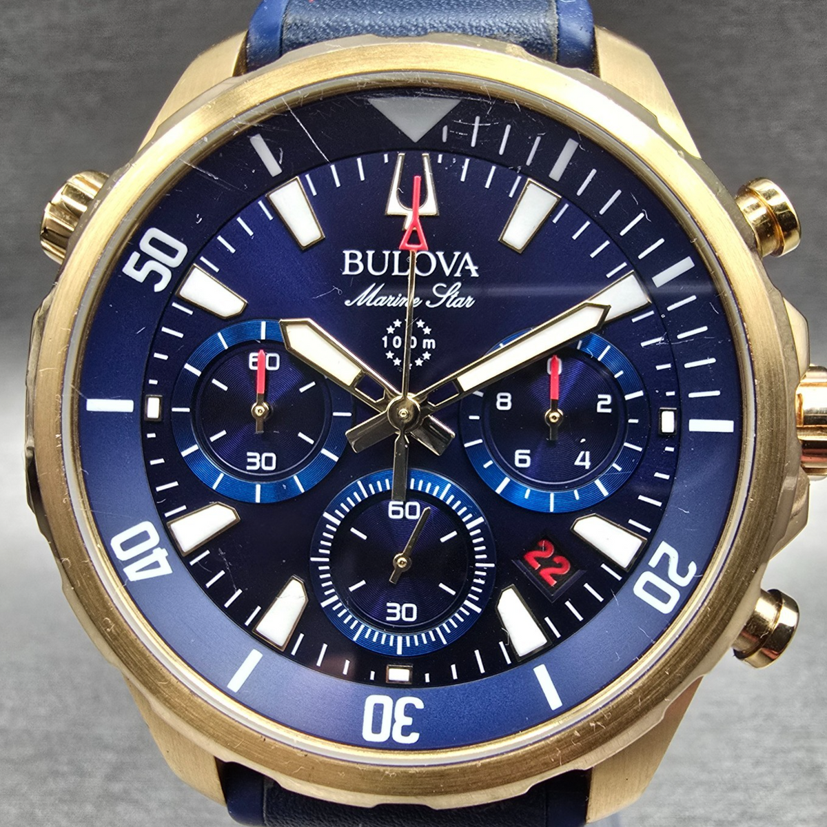 Bulova Marine Star Chronograph Watch Men 44mm Blue Dial Gold 97B168 New Battery1