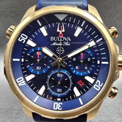 Bulova Marine Star Chronograph Watch Men 44mm Blue Dial Gold 97B168 New Battery1