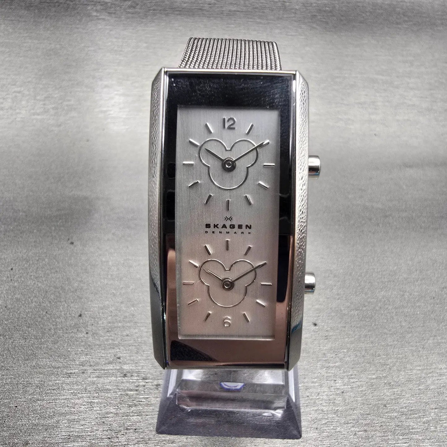 Skagen Disney Tank Watch Women 22mm Dual Time Silver Tone D295USS New Battery0
