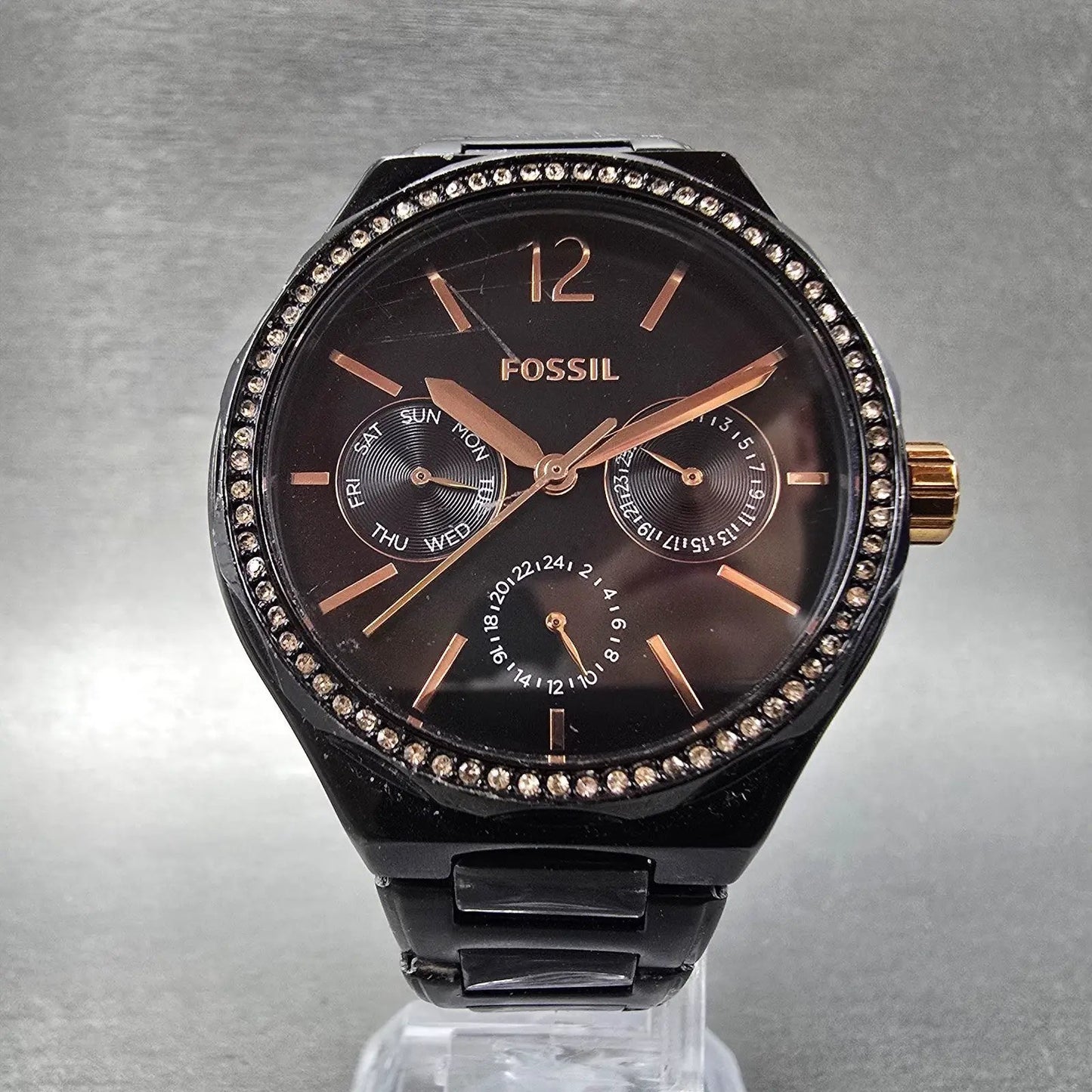 Fossil Watch Women 36mm Black Dial Black tone Daydate Round BQ2645 New Battery5