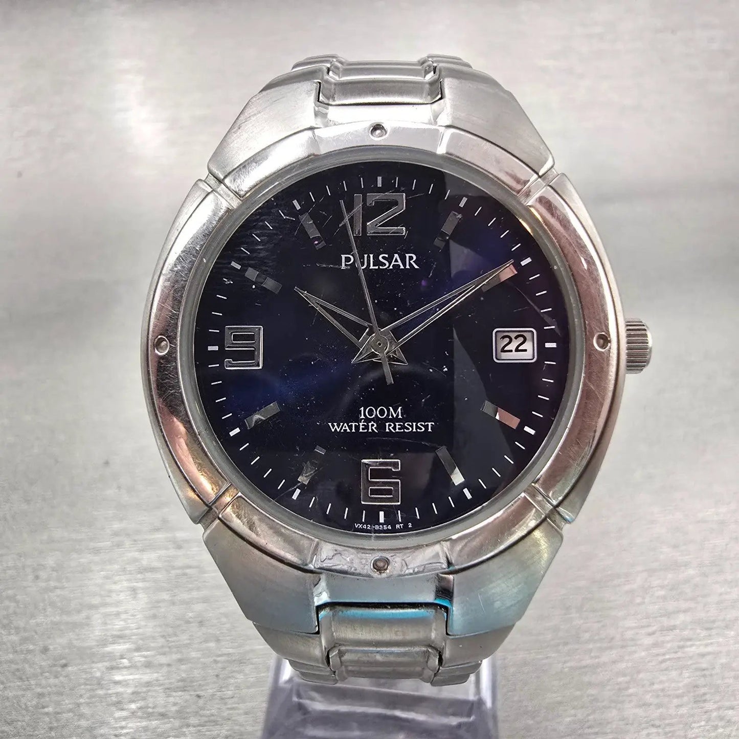 Seiko Pulsar Watch Men 38mm Blue Dial Silver Tone Date Round VX42-V051 New Batt0