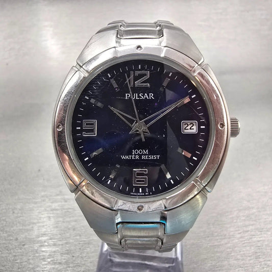 Seiko Pulsar Watch Men 38mm Blue Dial Silver Tone Date Round VX42-V051 New Batt0