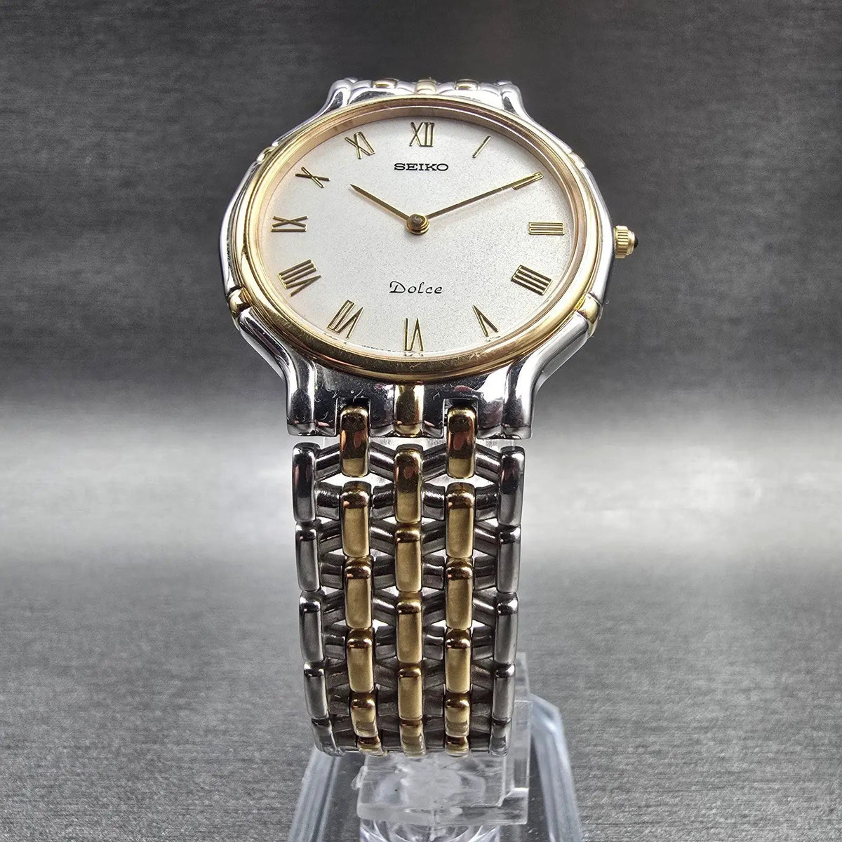 Seiko Dolce Watch Men 32mm Silver Dial Two Tone Round 5E30-6A00 New Battery5