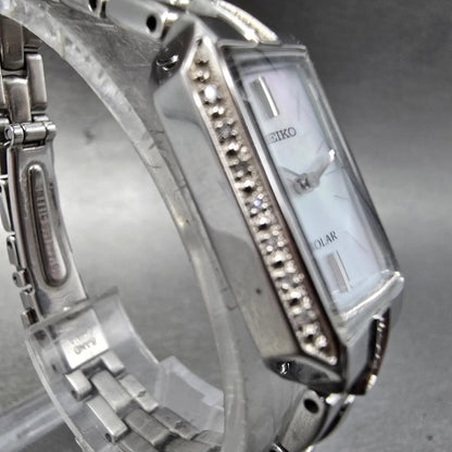 Seiko Solar Watch Women 17mm MOP Dial Steel Rectangle Crystals V116-0AF0 Works4