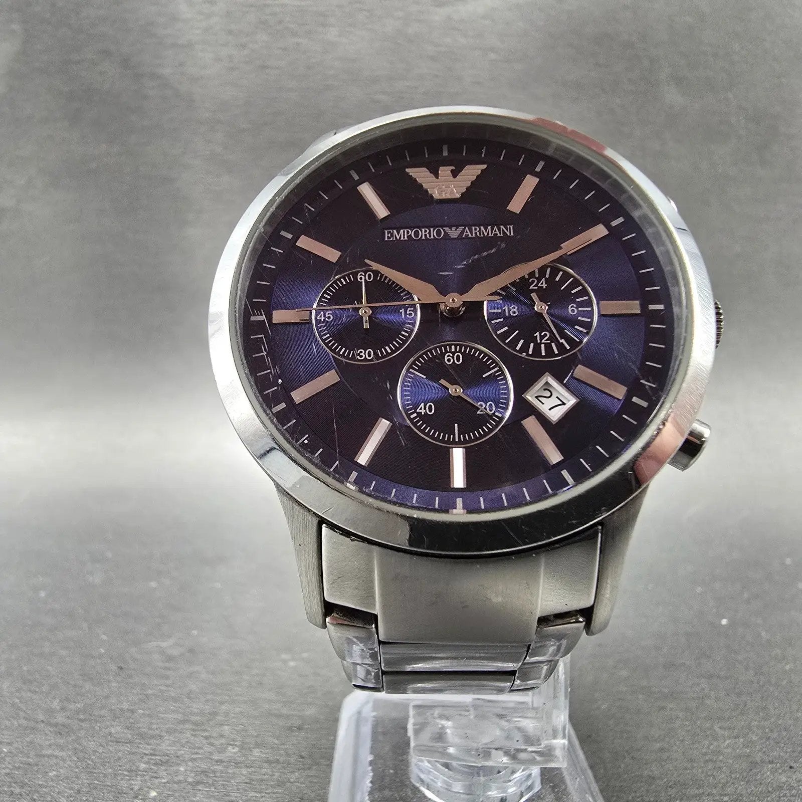 Emporio Armani Chronograph Watch men 43mm Blue Dial Steel Date Round New Battery5