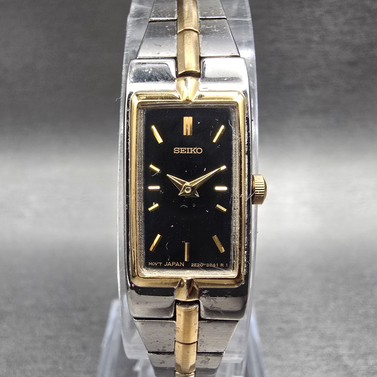 Seiko Tank Watch Women 13mm Black Dial Two Tone Rectangle 2E20-0AY0 New BatteryP0