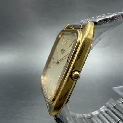 Seiko Tank Watch Men 28mm Champagne Dial Two Tone Rectangle 9021-517C NewBattery2