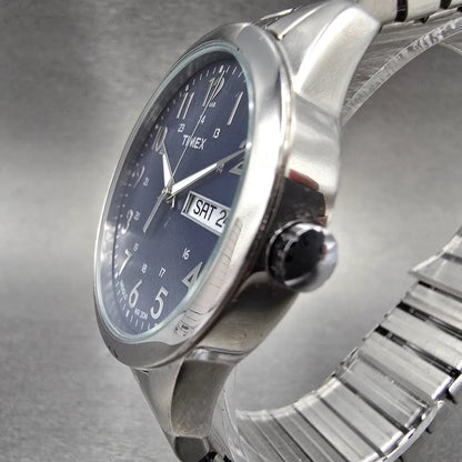 Timex South Street Watch Men 36mm Blue Dial Silver Tone Daydate T2M933 New Battj2