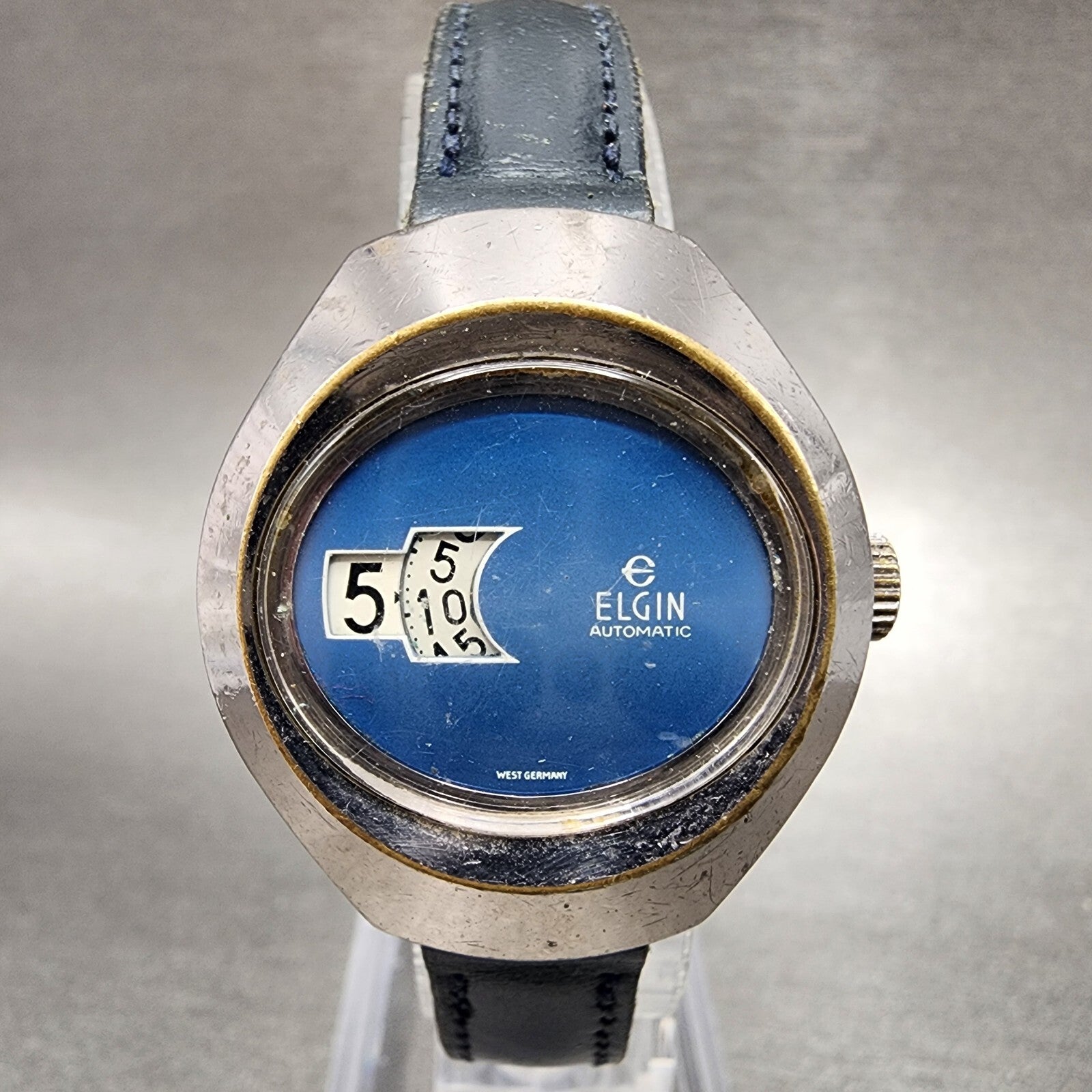 Elgin Jump Hour Automatic Watch Women 28mm Blue Dial Steel Vintage PARTS0