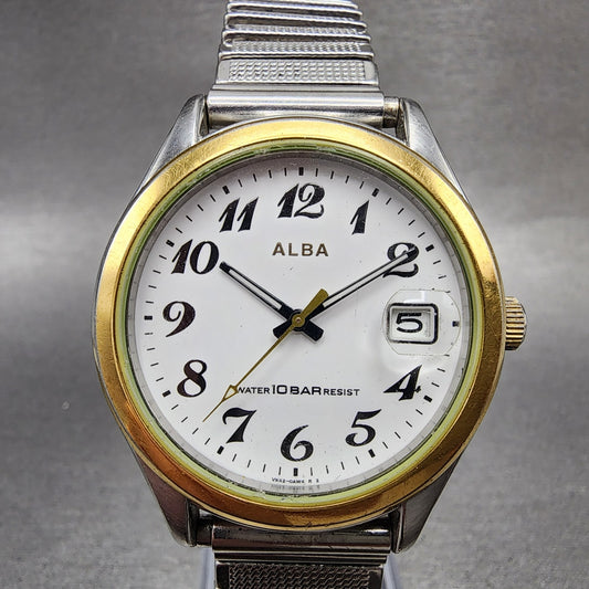 Seiko ALBA Watch Men 37mm White Dial Two Tone Date Round VX420AH0 New Battery0