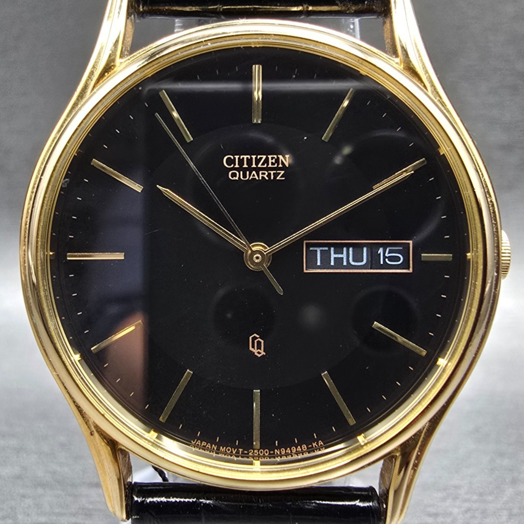 Citizen CQ Watch Men 34mm Black Dial Gold Daydate 2500-S76418 New Battery JP1