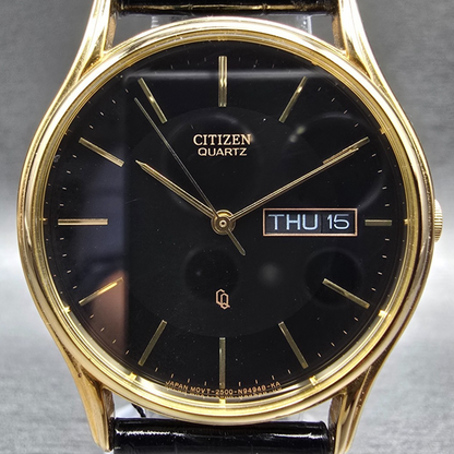 Citizen CQ Watch Men 34mm Black Dial Gold Daydate 2500-S76418 New Battery JP1