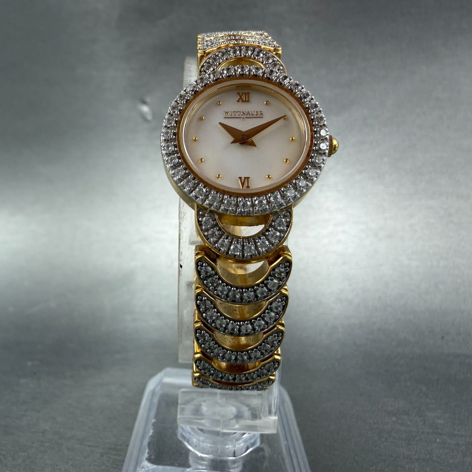 Wittnauer Watch Women 22mm MOP Dial Gold Tone Round Crystal Accents New Battery5