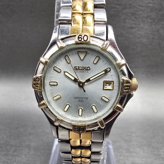 Seiko Sports 50 Watch Women 25mm Silver Dial Two Tone Date 7N82-0261 New Batt JP0