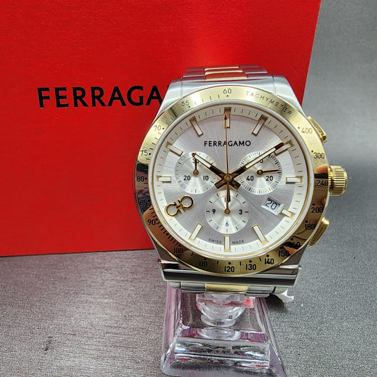 Ferragamo 1927 Chronograph Watch Men 42mm White Dial Two Tone Date Round W/Box