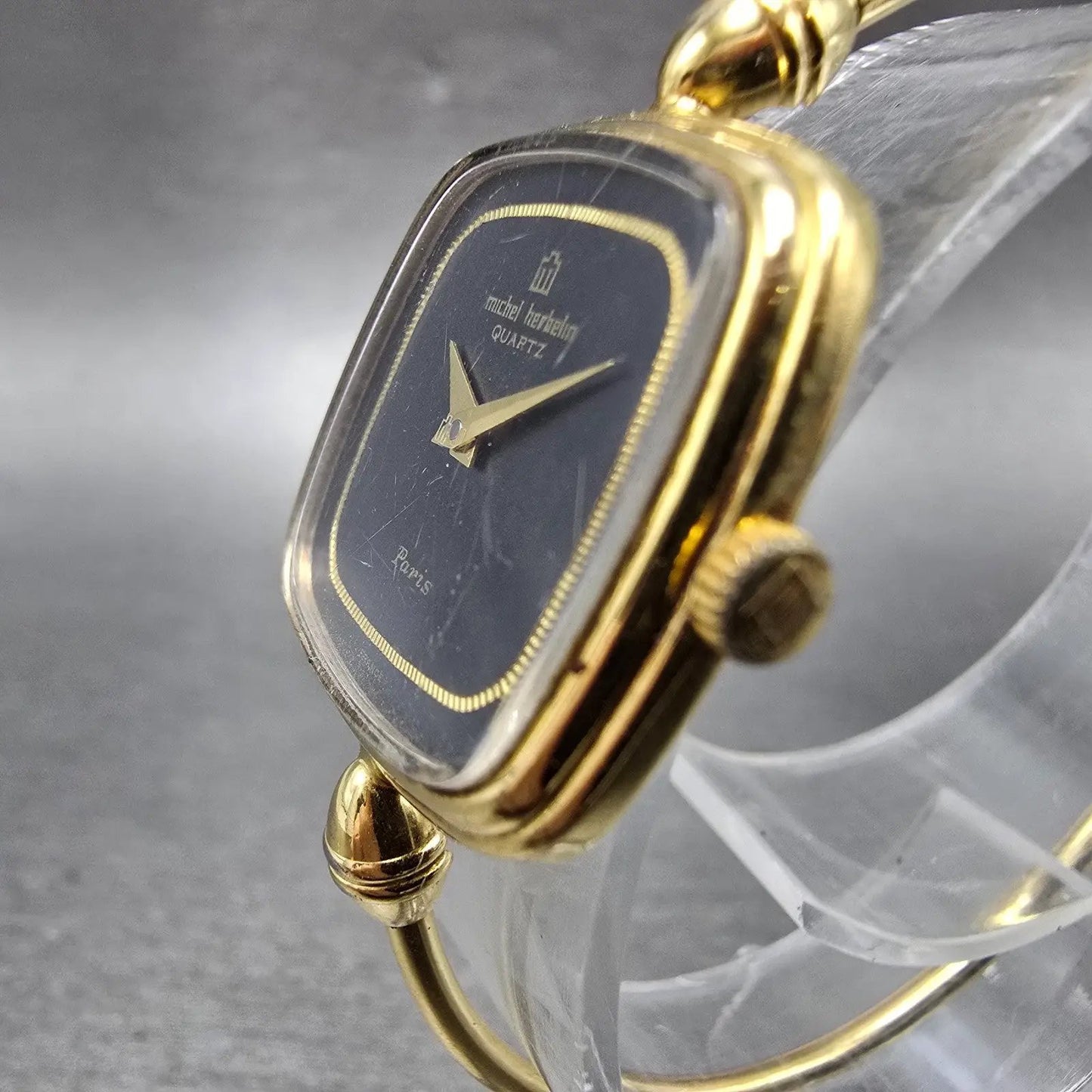 Michel Herbeln Watch Women 24mm Black Dial Gold Tone Square 9804 Vintage PARTS3