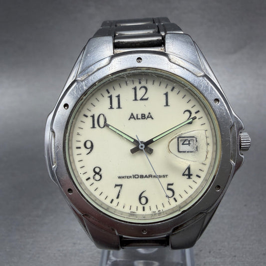 Seiko Alba Watch Men 39mm White Dial Silver Tone Date V732-0S00 New Battery VTG0