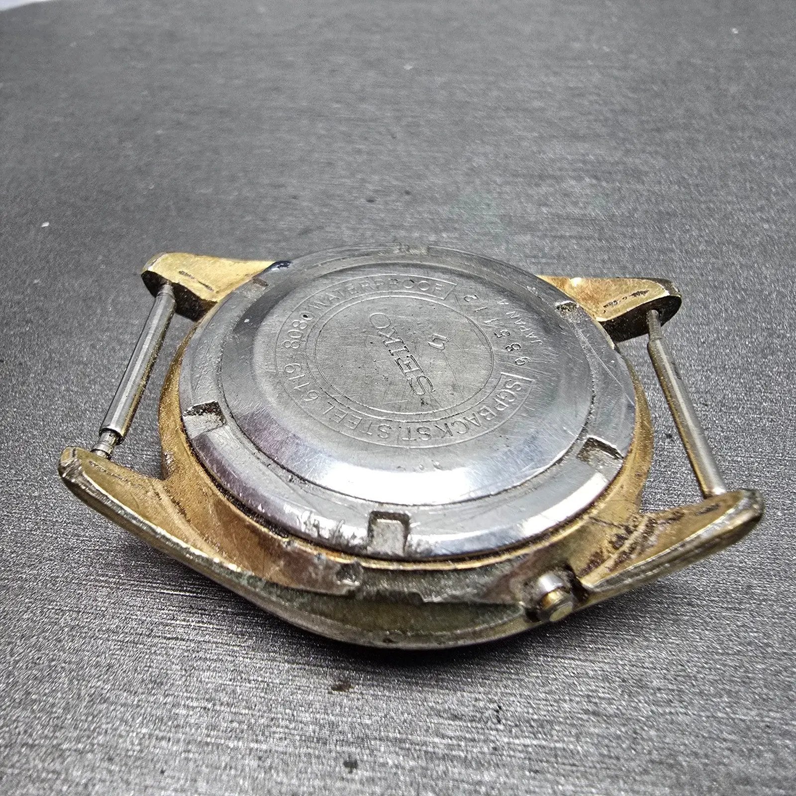 Seiko 5 Automatic Watch Men 37mm Black Gold Tone Daydate 6119-8080 Round PARTS10