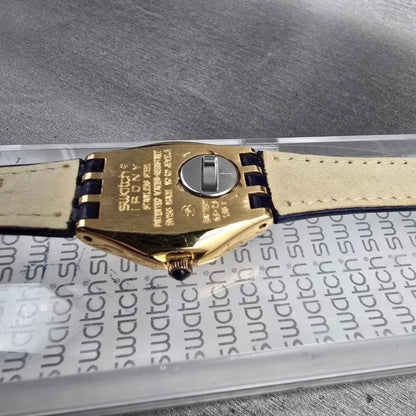 Swatch Irony Jenaye Watch Women 24mm Blue Dial Gold Tone Round YSG105C New Batt14